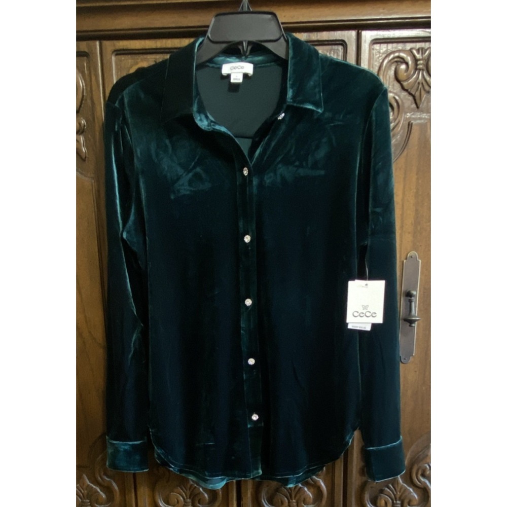 CeCe Velvet Luxe Collared Blouse Hunter Green Rhinestone Diamond buttons S NWT